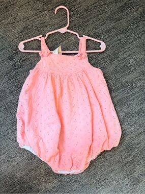 First Impressions Eyelet Summer Baby Girl romper bubble. Peach